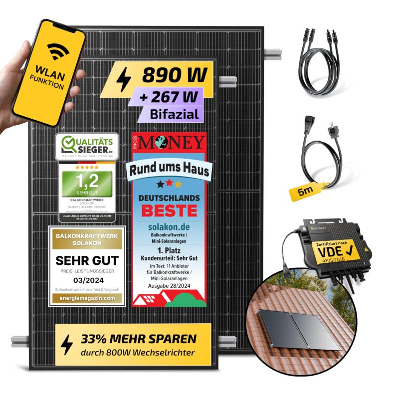 Solakon 900W Balkonkraftwerk mit Halterung (Ziegeldach, Paarmontage) - 800W komplett Steckdose - 800 Watt Wechselrichter - Solaranlage Komplettset - 450W bifaziale Solarmodule inkl Zubehör - 5m Kabel von Solakon