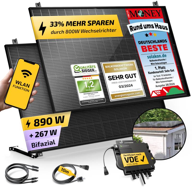 Solakon 900W Balkonkraftwerk mit Halterung (Gartenhaus) - Balkonkraftwerk 800W komplett Steckdose - 800 Watt Wechselrichter - Solaranlage Komplettset - 450W bifaziale Solarmodule inkl Zubehör - 10m von Solakon