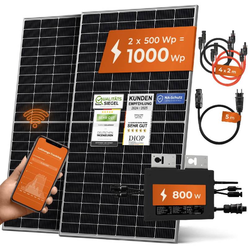 Solarway® 1000W Balkonkraftwerk 800W komplett Steckdose - neuester 800 Watt Wechselrichter - Solaranlage Komplettset - 500W Solarmodule & Envertech & Zubehör von Solarway