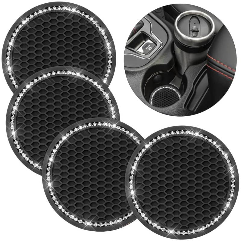 Soleebee 4 Stück Auto Untersetzer Getränkehalter, Bling Kristall Universal Silikon Anti-Rutsch Untersetzer Pad Runden Coaster Auto Innenausstattung Glitzer Auto Innere Zubehör - 6,8 x 0,5 cm (Weiß) von Soleebee