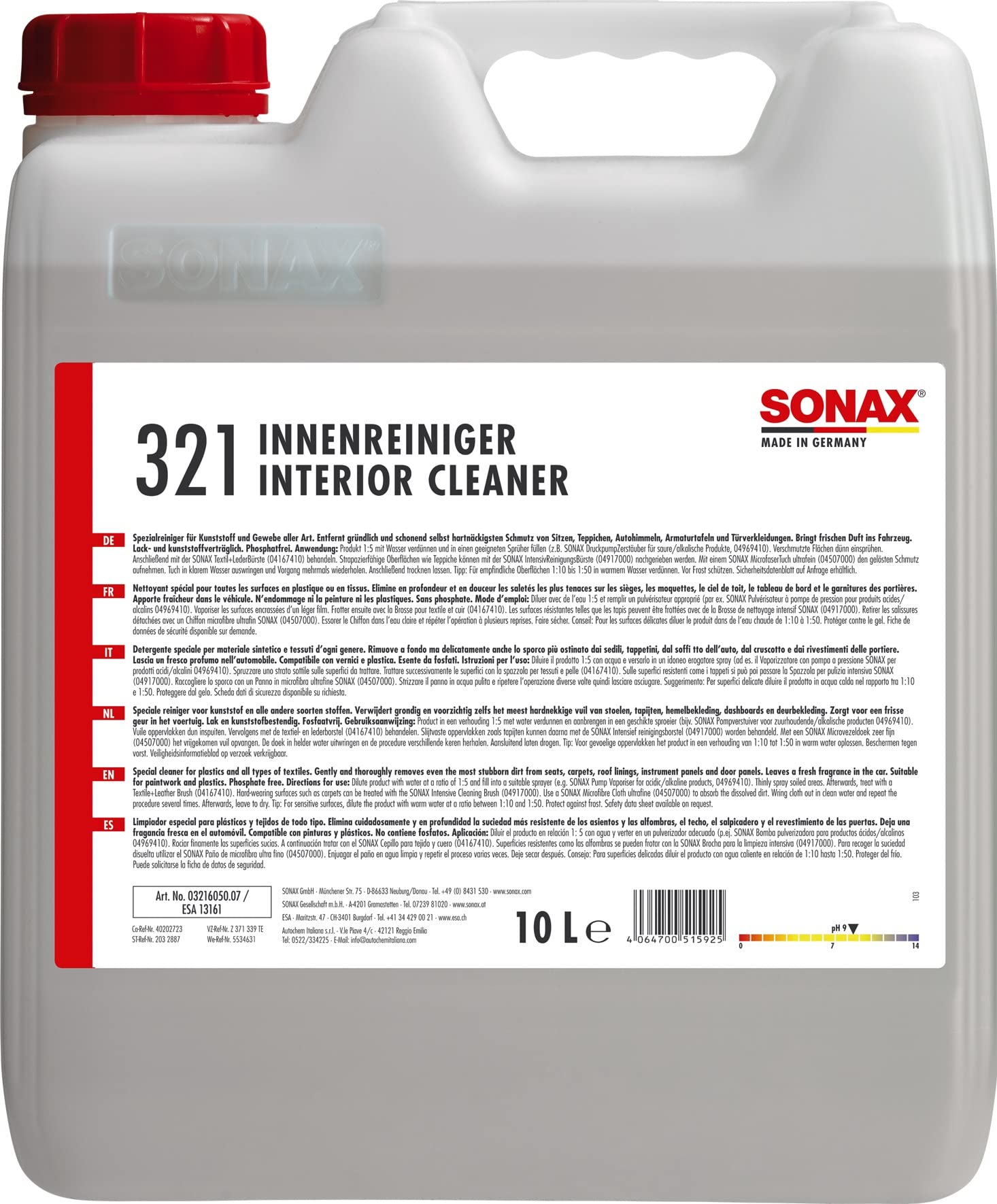 SONAX AutoInnenReiniger (10 Liter) für Cockpit, Kunststoff, Textil, Polster und Dach | Art-Nr. 03216050 von SONAX