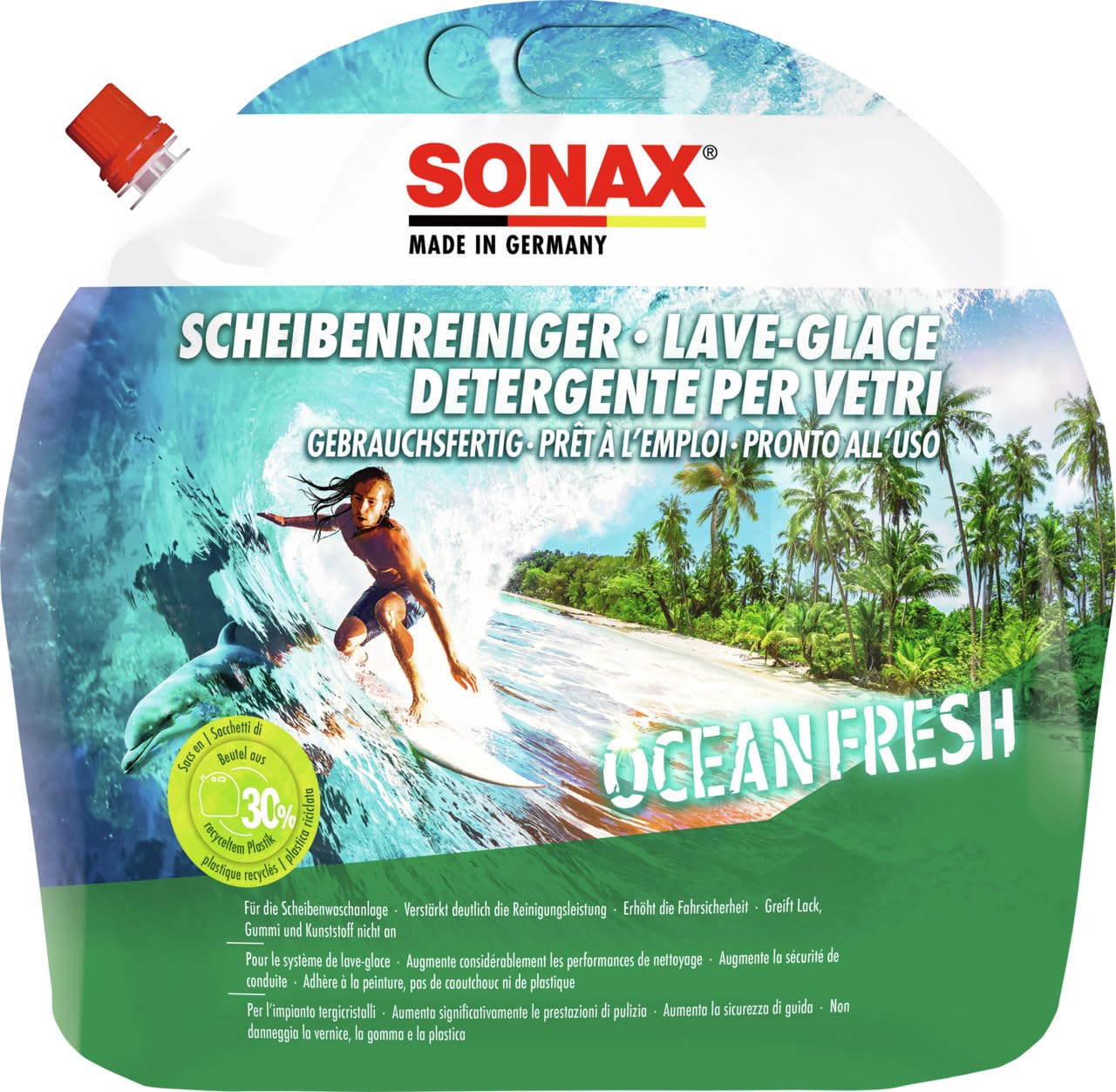 SONAX ScheibenReiniger gebrauchsfertig Ocean-Fresh (3 Liter) Sommerscheibenreiniger mit frischem und einzigartigem Ocean-fresh Dufterlebnis für die Scheibenwaschanlage | Art-Nr. 03884410 von SONAX
