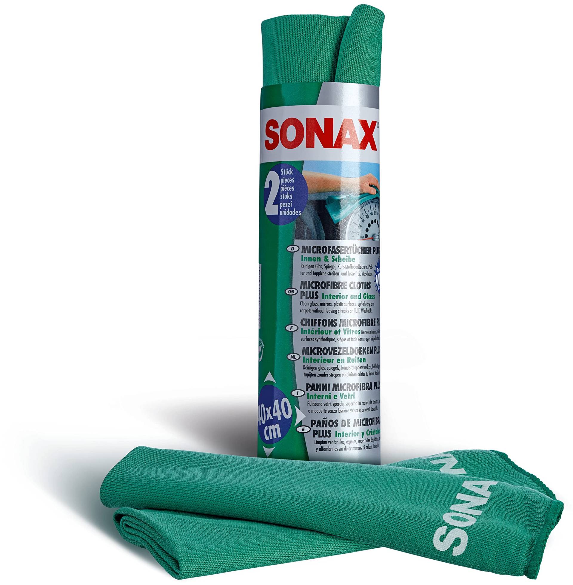 SONAX MicrofaserTücher PLUS Innen+Scheibe (2 Stück) extrem fein ohne Streifen, Schlieren und Fusseln zu hinterlassen | Art-Nr. 04165410 von SONAX