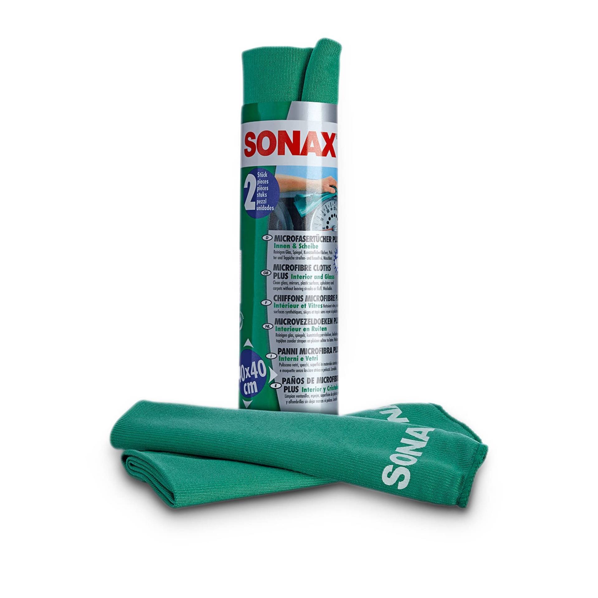 SONAX MicrofaserTücher PLUS Innen+Scheibe (2 Stück) extrem fein ohne Streifen, Schlieren und Fusseln zu hinterlassen | Art-Nr. 04165410 von SONAX