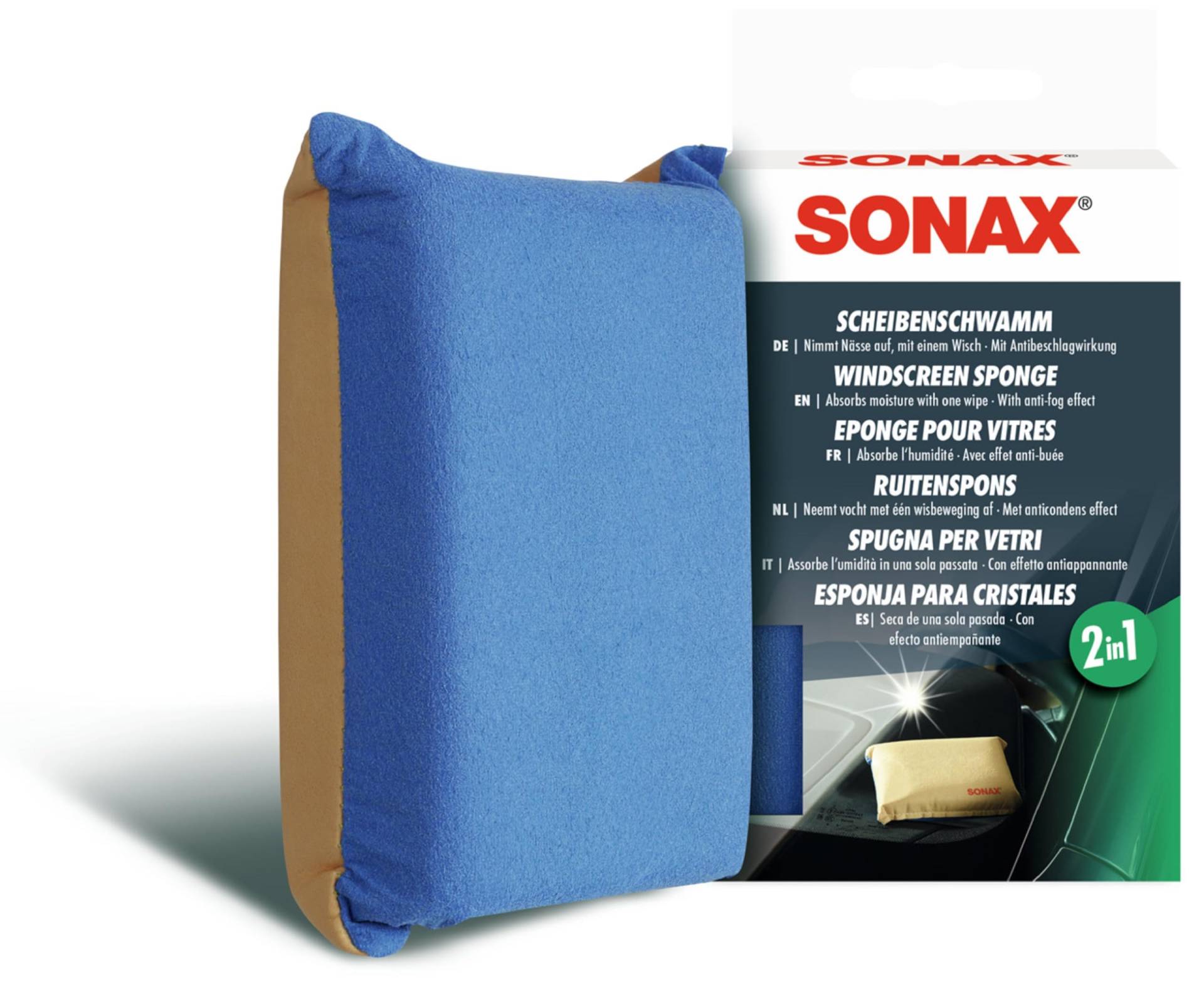 SONAX ScheibenSchwamm (1 Stück) nimmt Nässe mit einem Wisch auf und hinterlässt einen dünnen Film mit Antibeschlagwirkung | Art-Nr. 04171000 von SONAX
