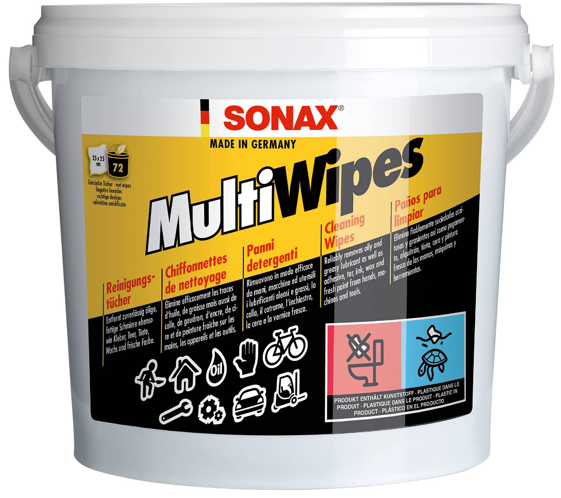 SONAX MultiWipes (72 Stück) reißfeste & widerstandsfähige Viskosevliestücher, entfernt Öl, Fett, Kleber, Teer, Tinte, Wachs und Farbe, auch für Hände geeignet / Art-Nr. 04680000 von SONAX