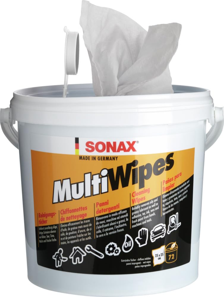 SONAX MultiWipes (72 Stück) reißfeste & widerstandsfähige Viskosevliestücher, entfernt Öl, Fett, Kleber, Teer, Tinte, Wachs und Farbe, auch für Hände geeignet / Art-Nr. 04680000 von SONAX