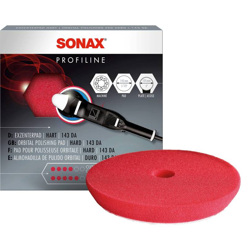SONAX ExzenterPad hart 143 DA (1 Stück) harter feinporiger Schwamm zum Schleifpolieren von verkratzten und verwitterten Fahrzeuglacken | Art-Nr. 04934000 von SONAX