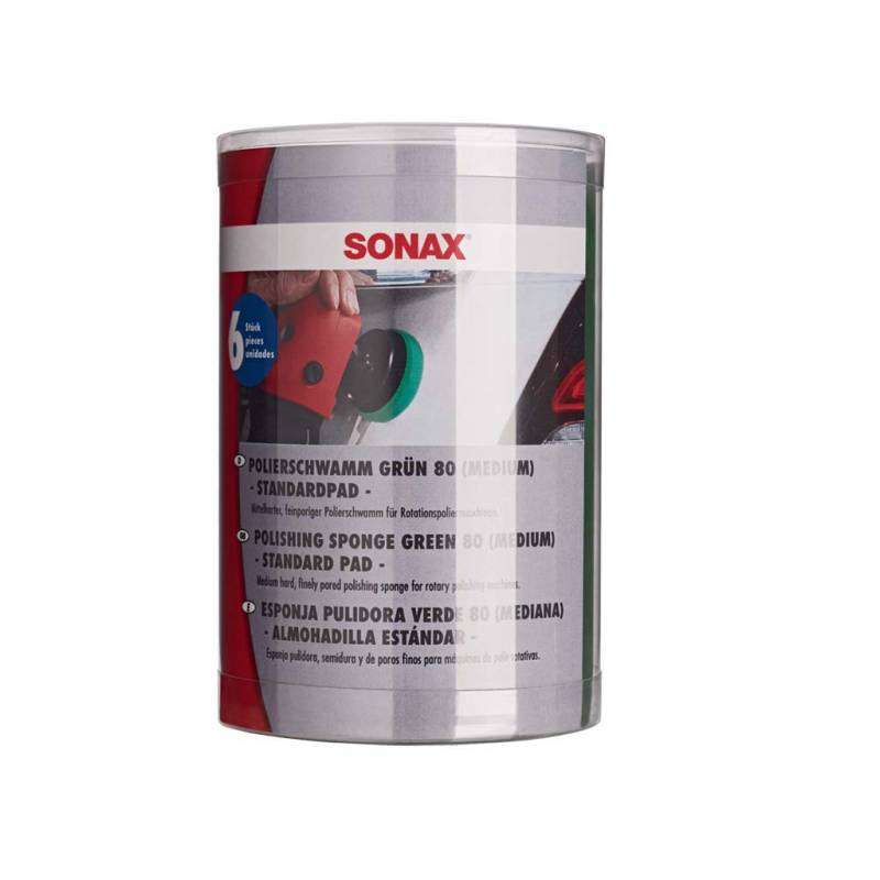 SONAX SchaumPad medium 80 mm (6 Stück) mittelharter feinporiger Schwamm zum maschinellen Polieren von Lacken | Art-Nr. 04935410 von SONAX