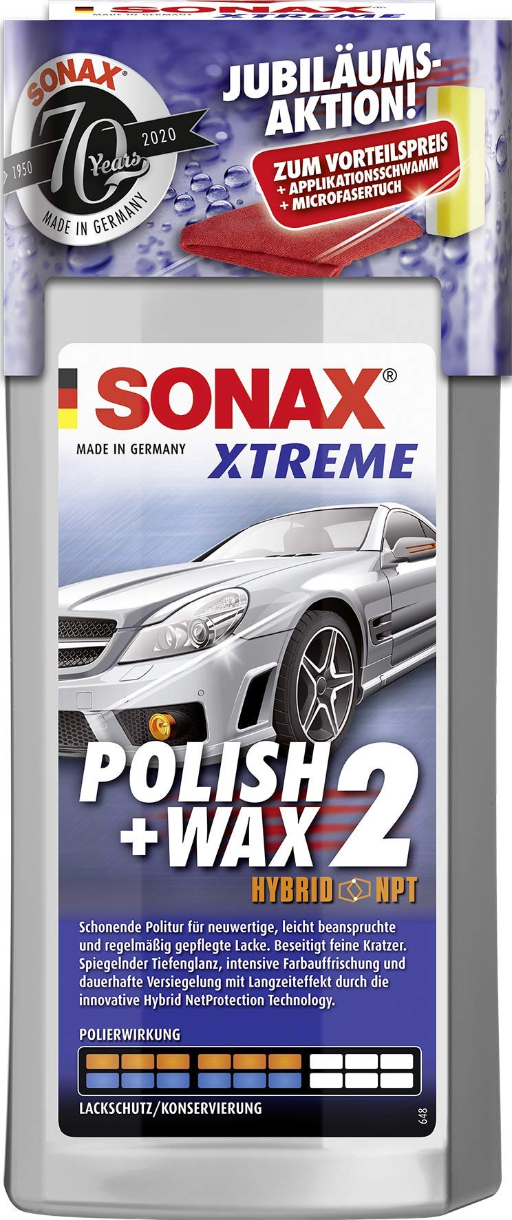 SONAX XTREME Polish+Wax 2 AktionsSet 70 Jahre (500 ml) inkl. gratis Applikationsschwamm und Mikrofasertuch | Art-Nr. 02078410 von SONAX