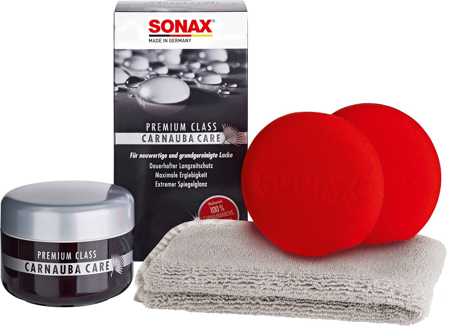 SONAX PREMIUM CLASS Carnauba Care (200 ml) Hartwachs für alle neuen und grundgereinigten Lacke inkl. 2x Schwamm und 1x MicrofaserTuch | Art-Nr. 02112000 von SONAX