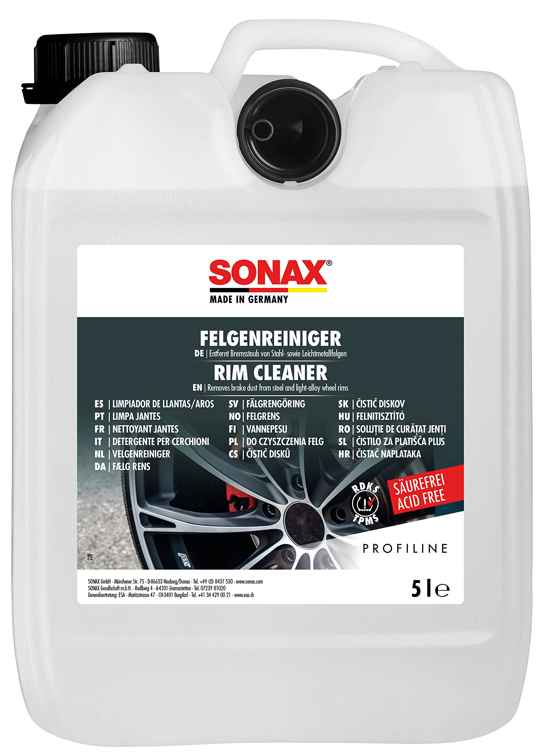 SONAX PROFILINE FelgenReiniger (5 Liter) entfernt Bremsstaub von Stahl- sowie Leichtmetallfelgen | Art-Nr. 02305000 von SONAX