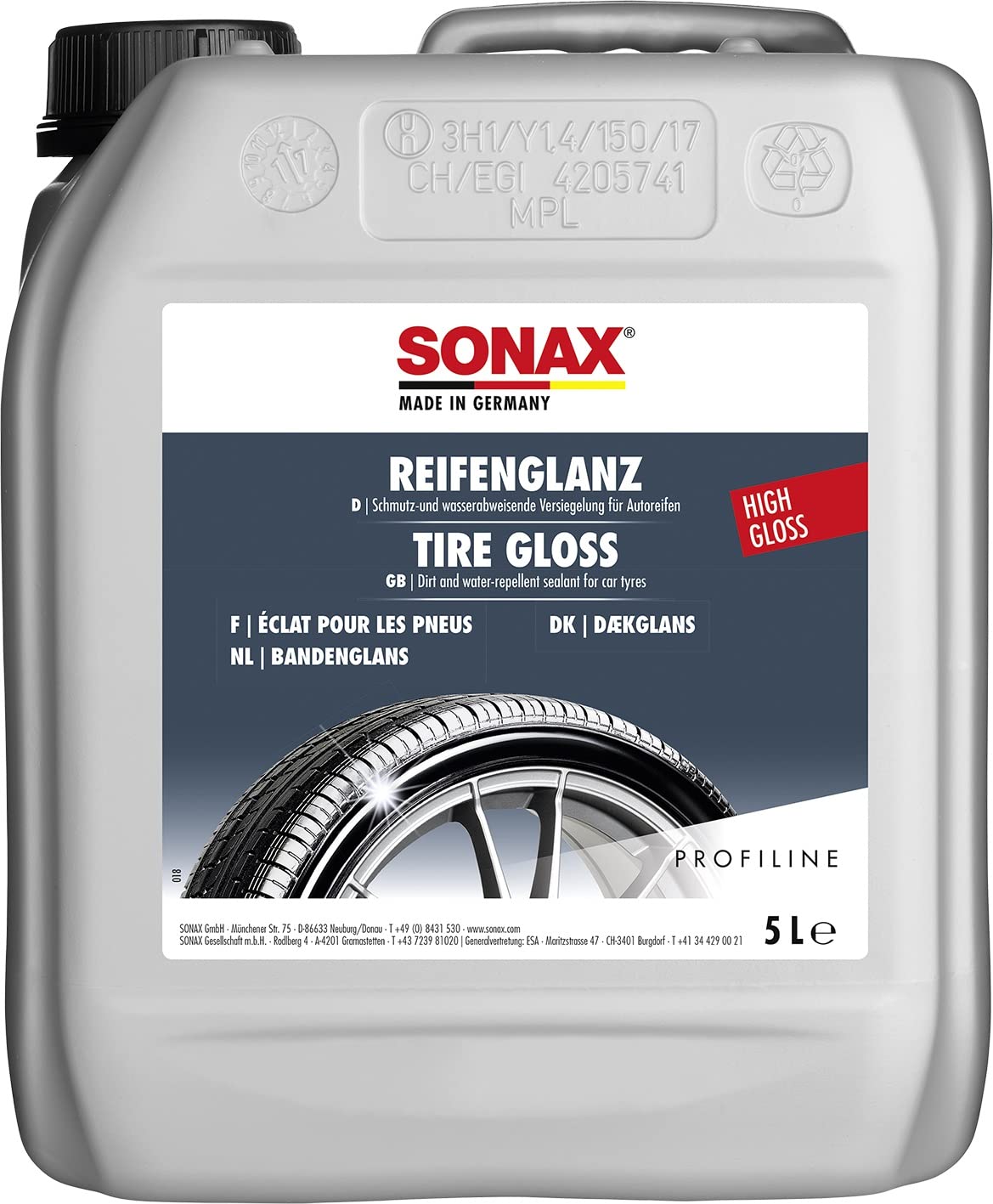 SONAX PROFILINE ReifenGlanz (5 Liter) bringt bei Verwitterung die satte Farbe zurück und sorgt für perfekten Glanz | Art-Nr. 02355000 von SONAX