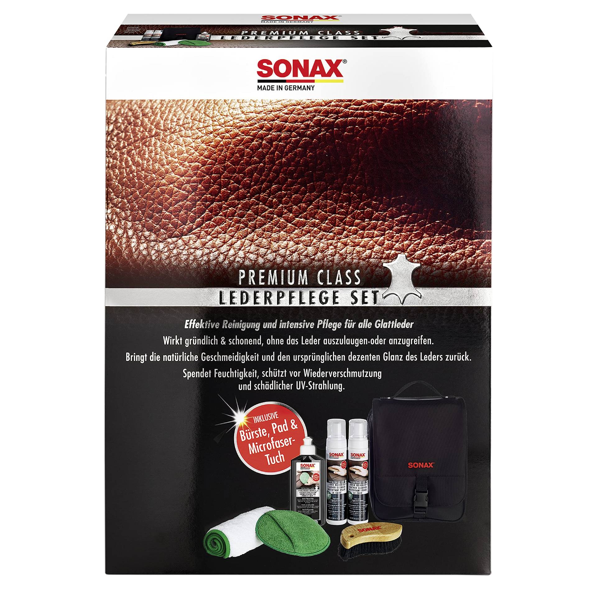 SONAX PREMIUM CLASS LederPflegeSet (3x 250 ml) inkl. 2x LederReiniger, 1x LederPflegeCreme, 1x MicrofaserTuch, 1x MicrofaserPflegePad, 1x IntensivreinigungsBürste | Art-Nr. 02819410 von SONAX