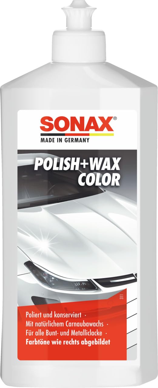 SONAX Polish+Wax Color weiß (500 ml) Politur mit weißen Farbpigmenten und Wachsanteilen | Art-Nr. 02960000 von SONAX