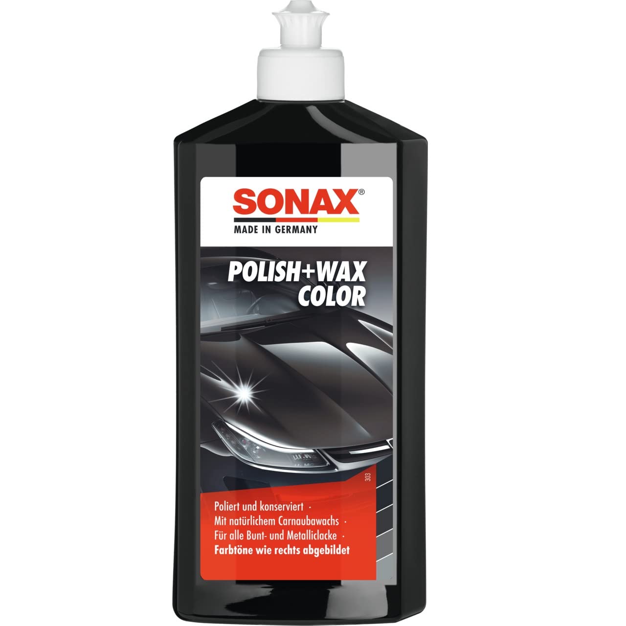 SONAX Polish+Wax Color schwarz (500 ml) Politur mit schwarzen Farbpigmenten und Wachsanteilen, Art-Nr. 02961000 von SONAX
