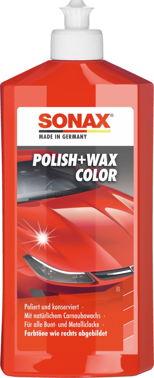 SONAX Polish+Wax Color rot (500 ml) Politur mit blauen Farbpigmenten und Wachsanteilen, Art-Nr. 02964000 von SONAX