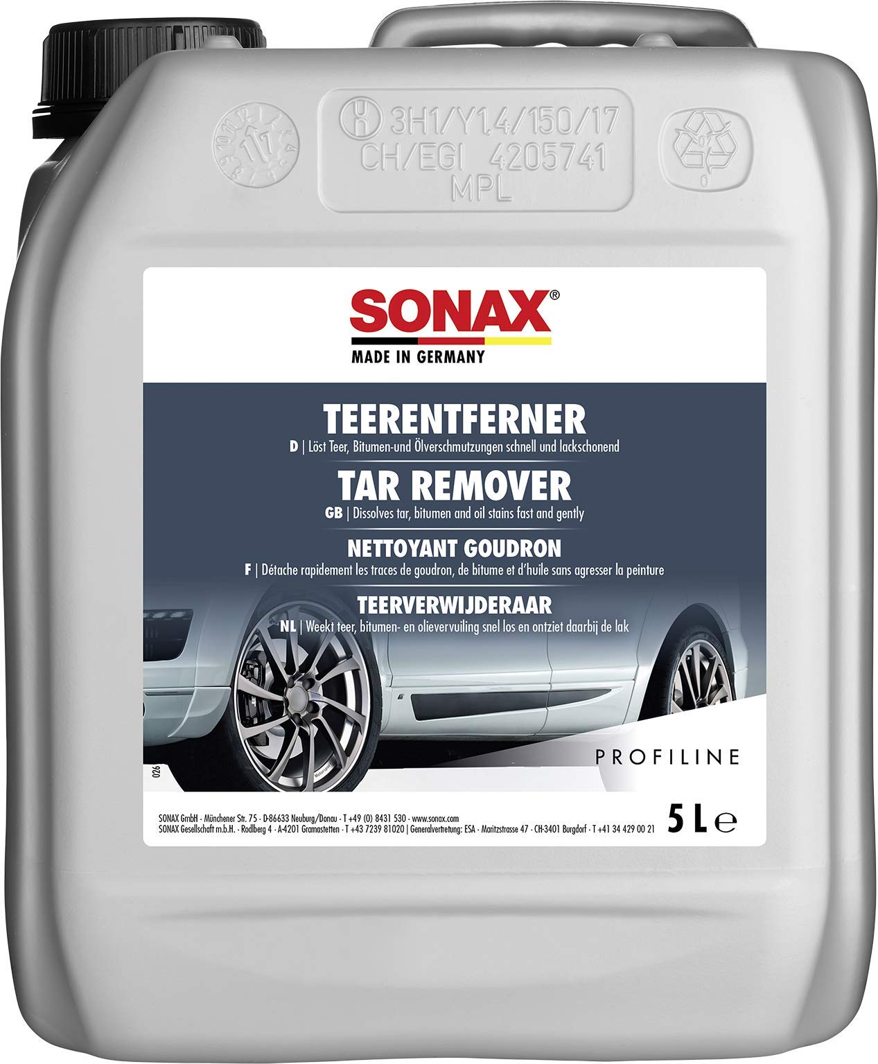 SONAX PROFILINE TeerEntferner (5 Liter) löst schonend und gründlich hartnäckige Verschmutzungen wie Teer- und Ölflecken von Lack und Chrom | Art-Nr. 03045050 von SONAX