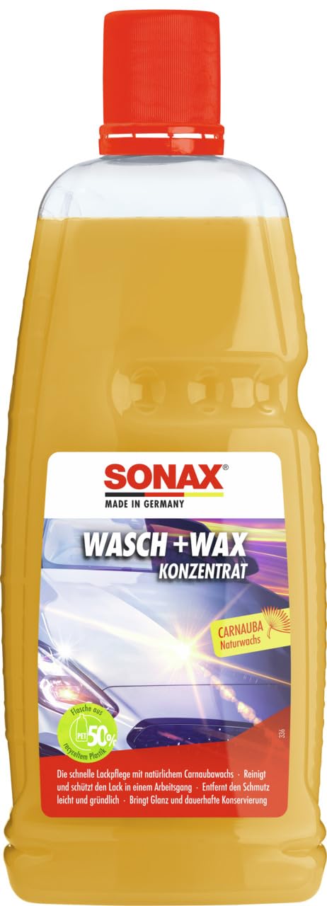SONAX Wasch+Wax (1 Liter) gründliche Schmutzentfernung und dauerhafter Schutzfilm aus natürlichen Carnauba-Wachs | Art-Nr. 03133410 von SONAX