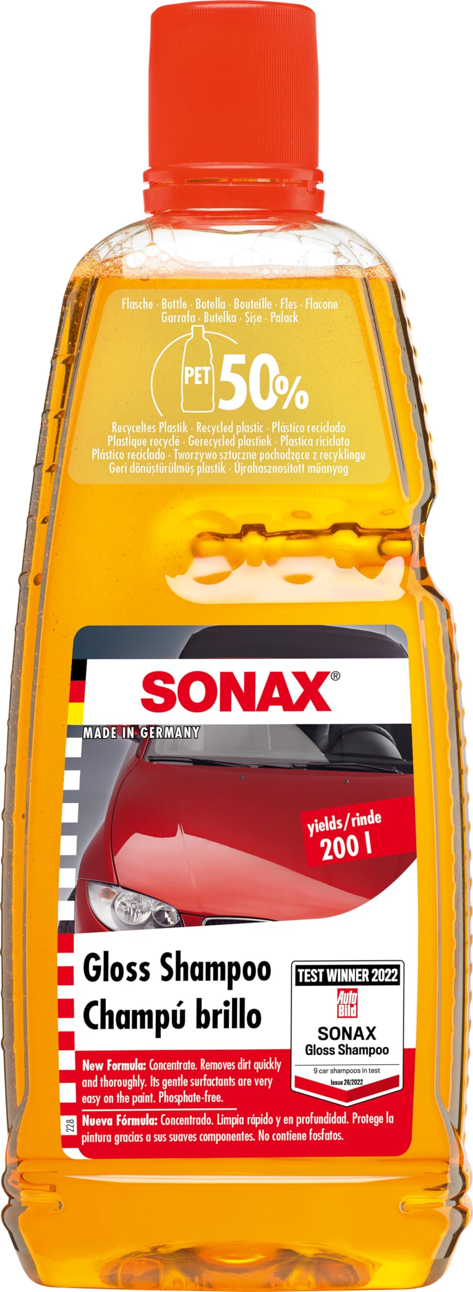 SONAX GlanzShampoo Konzentrat (1 Liter) durchdringt und löst Schmutz gründlich, ohne Angreifen der Wachs-Schutzschicht | Art-Nr. 03143000 von SONAX