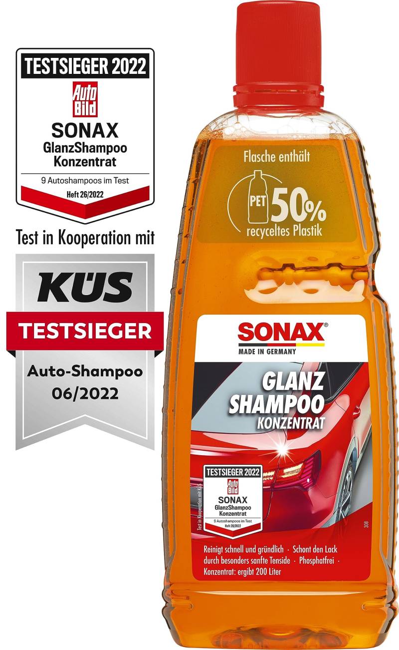 SONAX GlanzShampoo Konzentrat (1 Liter) durchdringt und löst Schmutz gründlich, ohne Angreifen der Wachs-Schutzschicht | Art-Nr. 03143000 von SONAX