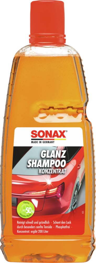 SONAX GlanzShampoo Konzentrat (1 Liter) durchdringt und löst Schmutz gründlich, ohne Angreifen der Wachs-Schutzschicht | Art-Nr. 03143000 von SONAX