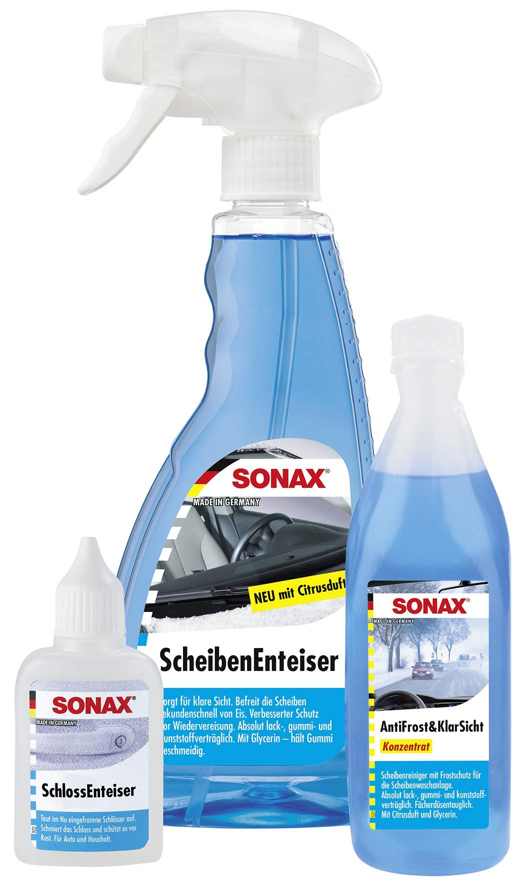 SONAX WinterFitSet (3-teilig) gegen Eis, Frost & schlechte Sicht, Scheibenenteiser (500 ml), Schlossenteiser (50 ml) & AntiFrost+KlarSicht Konzentrat (250 ml) | Art-Nr. 03319000 von SONAX
