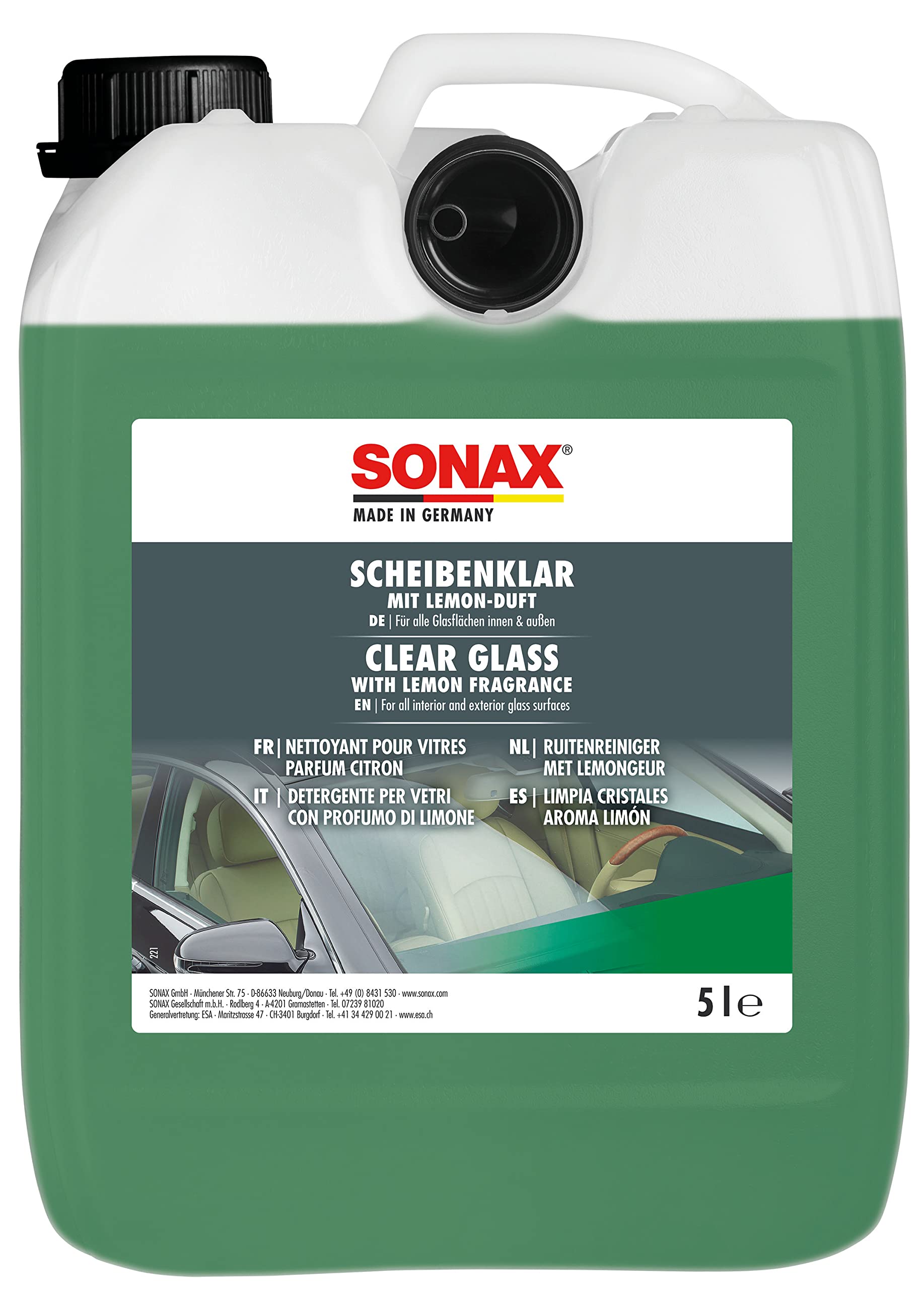 SONAX ScheibenKlar (5 Liter) Scheibenreiniger zum Entfernen von Silikon-, Öl- und Insektenverschmutzungen von Fahrzeugscheiben und Scheinwerfern | Art-Nr. 03385050 von SONAX