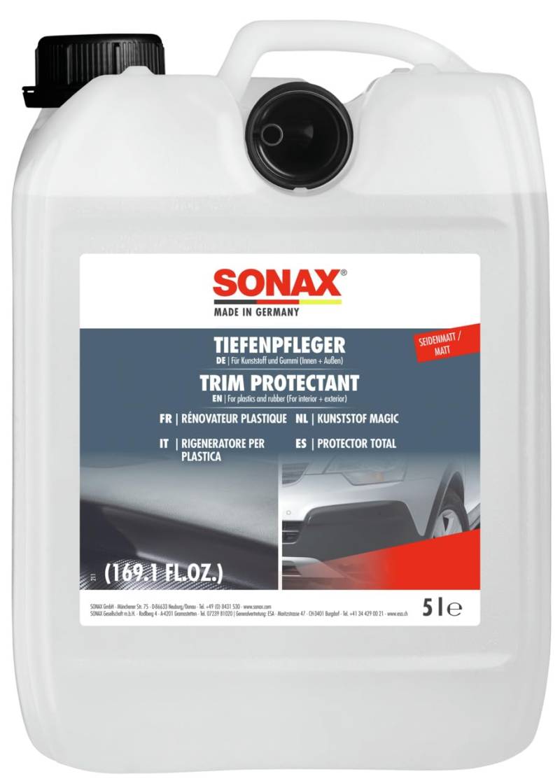 SONAX TiefenPfleger Seidenmatt (5 Liter) Kunststoff- und Gummireiniger für Reinigung, intensive Pflege und dauerhafter Schutz für alle Kunststoff- und Gummi-Oberflächen | Art-Nr. 03835000 von SONAX