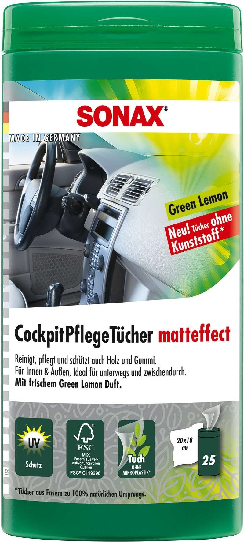 SONAX Cockpitpflegetücher PET-Dose 25 Feuchtücher GreenL Matteffect für Innen und Außen SONAX Cockpitpflegetücher PET-Dose 25 Feuchtücher GreenL Matteffect für Innen und Außen von Sonax