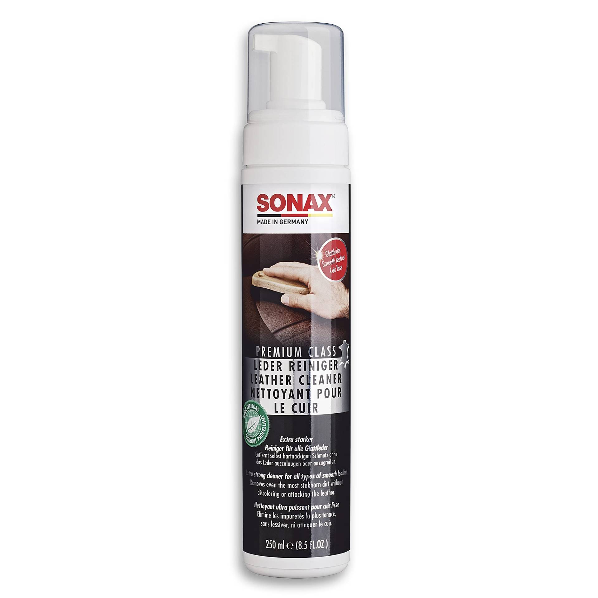 SONAX PREMIUM CLASS LederReiniger (250 ml) effektive und schnelle Reinigung für Glattleder ohne anzugreifen | Art-Nr. 02811410 von SONAX