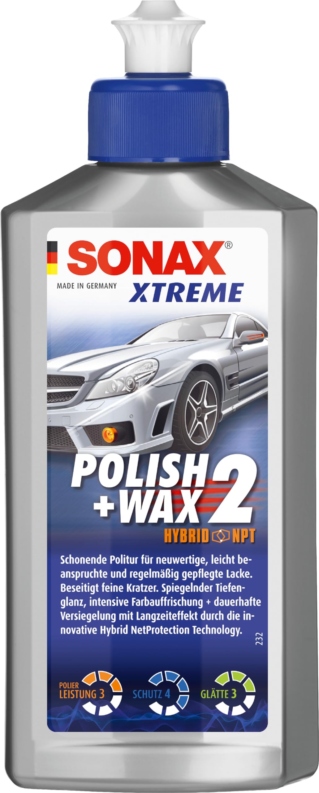 SONAX XTREME Polish+Wax 2 Hybrid NPT (250 ml) schonende Politur mit mittlerer Wirkung für regelmäßig gepflegte Lacke | Art-Nr. 02071000 von SONAX