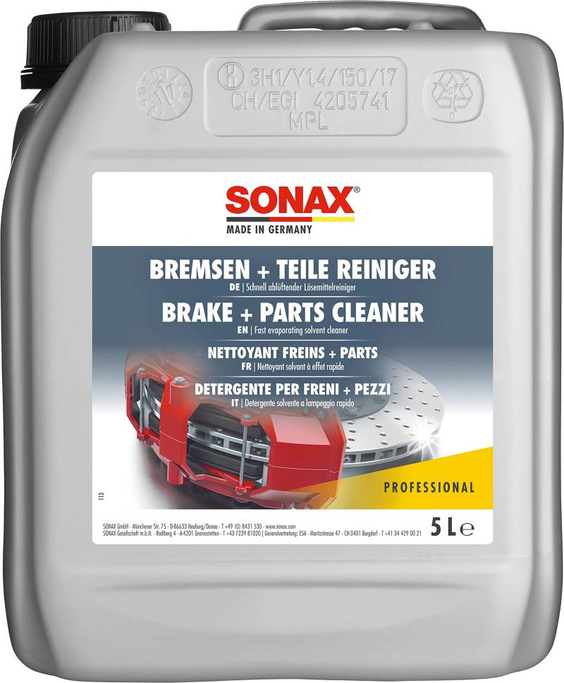 SONAX Bremsen + TeileReiniger (5 Liter) Bremsenreiniger entfernt Bremsstaub sowie öl-, fett- und silikonhaltige Verschmutzungen und Verkrustungen | Art-Nr. 04835050 von SONAX