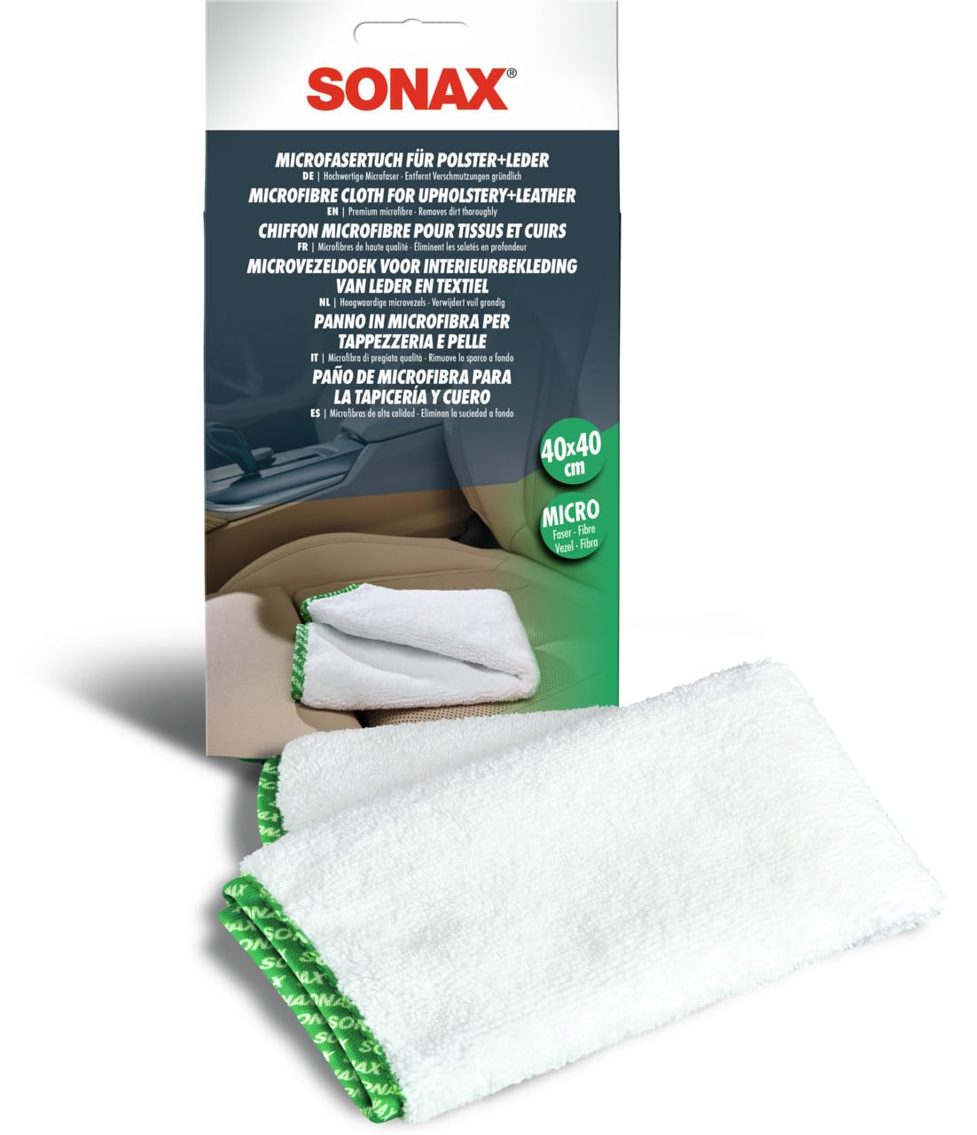 SONAX MicrofaserTuch für Polster+Leder (1 Stück) zur fusselfreien Fahrzeuginnenreinigung von Polster-, Textil- und Lederoberflächen | Art-Nr. 04168000 von SONAX