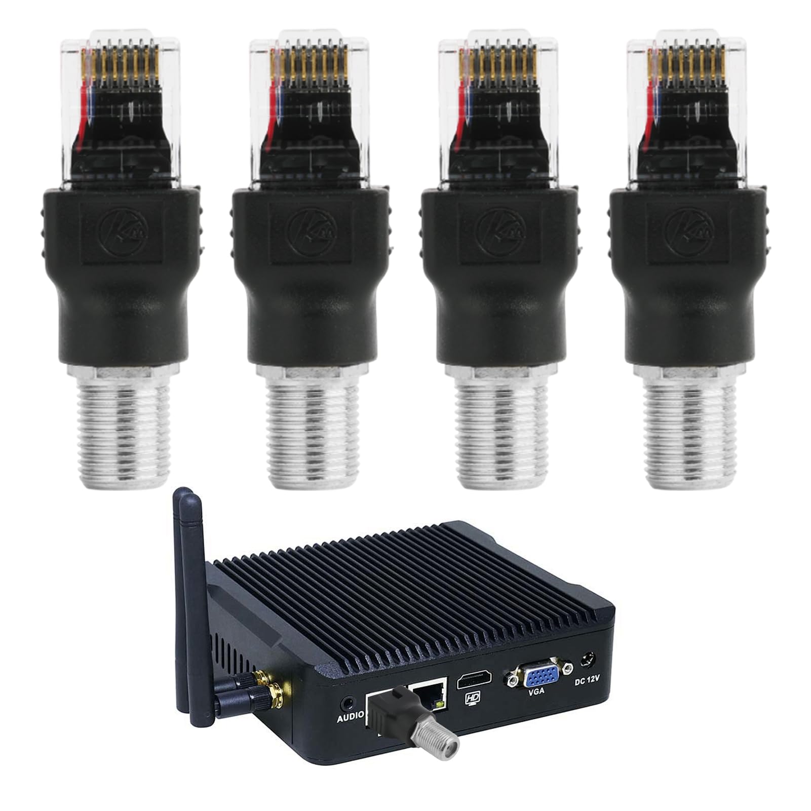 4 Stücke RF auf RJ45 Koaxialkonverter Adapter, F-Buchse zu RJ45 Stecker Koaxial Barrel Adapter, R-F-Buchse auf RJ45-Stecker, Ethernet-Koaxial-Koppler, für Leitungstester und Kabelverfolgung von SopwMap