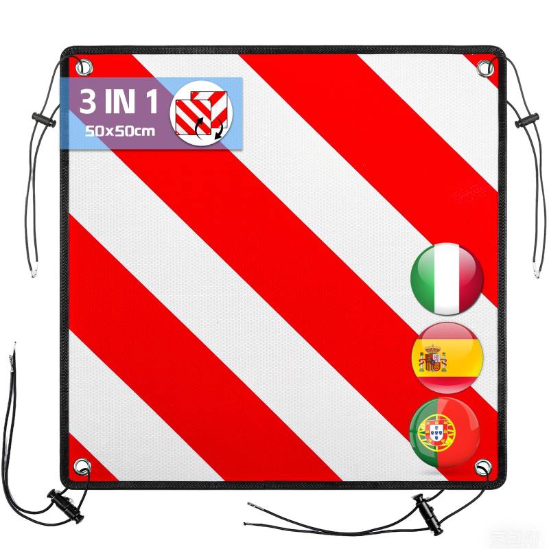 Sorlpv 3 In 1 Warntafel für Italien Spanien Portugal, Alu Reflektierend Warnschild 50x50CM mit Spannseile & Eckenschützer, Zertifizierte für Fahrradträger Heckträger Anhänger Auto Wohnmobil - 1 Stück von Sorlpv