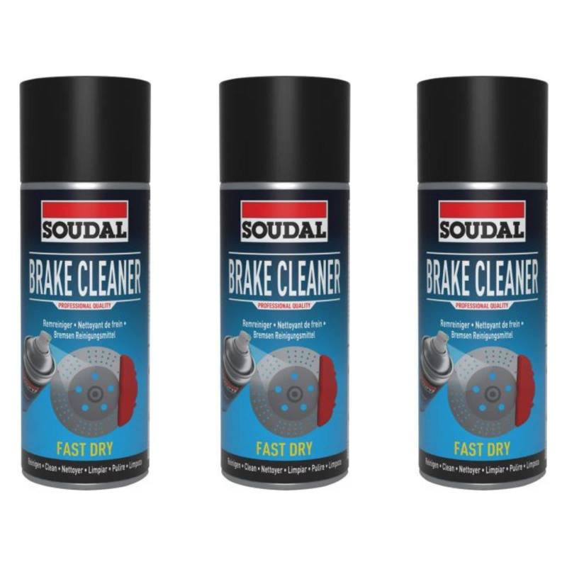 Soudal 3X Bremsenreiniger stark entfettend schnelltrocknend für Bremsenteile Bremsbeläge Kupplungsteile 400ml Spray von Soudal