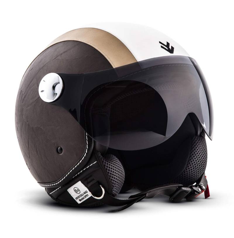 ARMOR HELMETS® AV-84 „Vintage Creme“ · Jet-Helm · Motorrad-Helm Roller-Helm Scooter-Helm Moped Mofa-Helm Chopper Retro Vespa Vintage Pilot Biker · ECE 22.05 Visier Schnellverschluss Tasche S (55-56cm) von ARMOR HELMETS