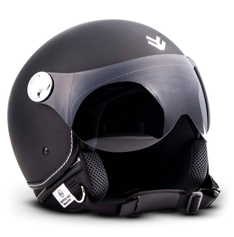 ARMOR HELMETS® AV-84 „Matt Black“ · Jet-Helm · Motorrad-Helm Roller-Helm Scooter-Helm Moped Mofa-Helm Chopper Retro Vespa Vintage Pilot Biker · ECE 22.05 Visier Schnellverschluss Tasche S (55-56cm) von ARMOR HELMETS