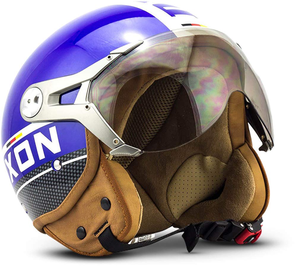 Soxon® SP-325 Plus „Blue“ · Jet-Helm · Motorrad-Helm Roller-Helm Scooter-Helm Moped Mofa-Helm Chopper Retro Vespa Vintage Pilot Biker Helmet · ECE 22.05 Visier Schnellverschluss Tasche XL (61-62cm) von Soxon