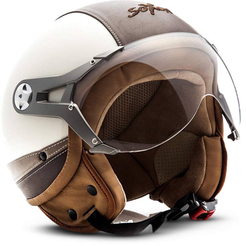Soxon® SP-325 Urban „Creme“ · Jet-Helm · Motorrad-Helm Roller-Helm Scooter-Helm Moped Mofa-Helm Chopper Retro Vespa Vintage · ECE 22.05 Visier Leather-Design Schnellverschluss Tasche XS (53-54cm) von Soxon
