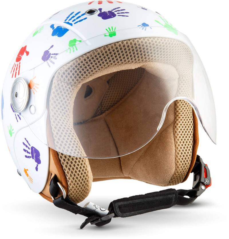 SOXON® SK-55 „Color Hands“ · Kinder Jet-Helm · Motorrad-Helm Kinder-Helm Roller-Helm Kids Scooter-Helm Vespa Bobber Mofa-Helm Retro · ECE 22.05 Visier Schnellverschluss SlimShell Tasche XXS (49-50cm) von SOXON