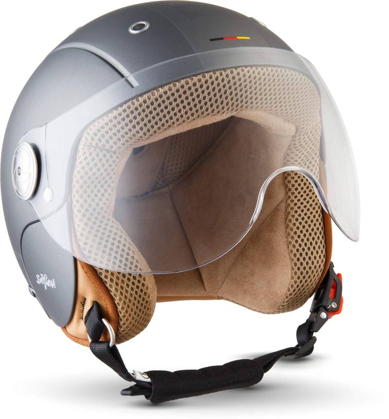 Soxon® SK-55 „Plus Titan“ · Kinder Jet-Helm · Motorrad-Helm Kinder-Helm Roller-Helm Kids Scooter-Helm Vespa Bobber Mofa-Helm Chopper · ECE 22.05 Visier Schnellverschluss SlimShell Tasche XXS (49-50cm) von SOXON