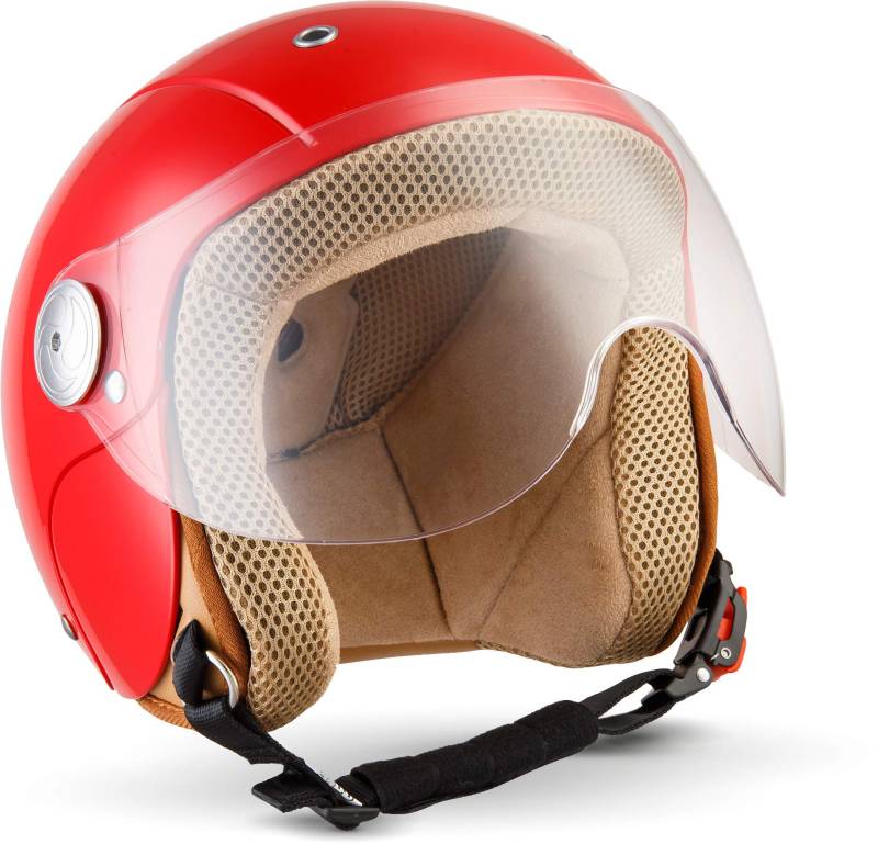 SOXON® SK-55 „Red“ · Kinder Jet-Helm · Motorrad-Helm Kinder-Helm Roller-Helm Kids Scooter-Helm Vespa Bobber Mofa-Helm Chopper Retro · ECE 22.05 Visier Schnellverschluss SlimShell Tasche XXS (49-50cm) von SOXON