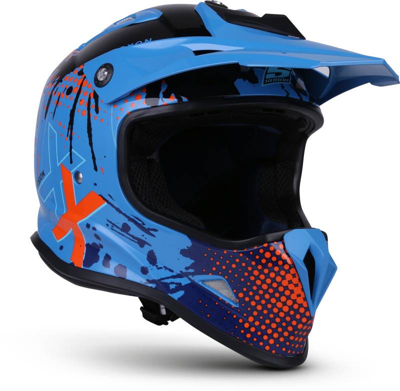 Soxon® SKC-33 „Fusion Blue“ · Kinder Cross-Helm · Motorrad-Helm MX Cross-Helm MTB BMX Cross-Bike Downhill Off-Road Enduro-Helm · ECE 22.05 Schnellverschluss SlimShell Tasche XXS (49-50cm) von Soxon