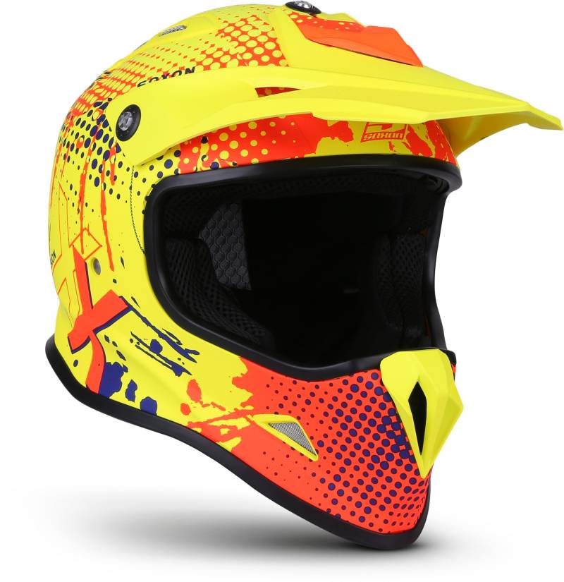 Soxon® SKC-33 „Fusion Neon“ · Kinder Cross-Helm · Motorrad-Helm MX Cross-Helm MTB BMX Cross-Bike Downhill Off-Road Enduro-Helm · ECE 22.05 Schnellverschluss SlimShell Tasche XXS (49-50cm) von Soxon