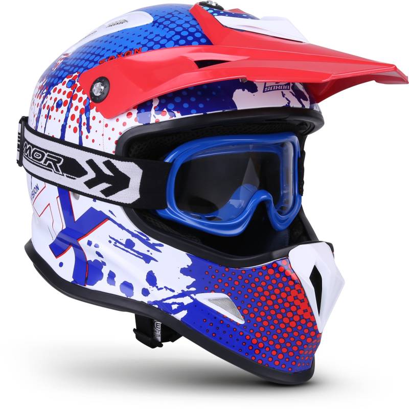 SOXON® SKC-33 Set „Fusion White Blue“ · Kinder Cross-Helm · Motorrad-Helm MX Cross-Helm MTB BMX Cross-Bike Downhill Off-Road Quad · ECE 22.05 Schnellverschluss SlimShell Tasche XXS (49-50cm) von SOXON