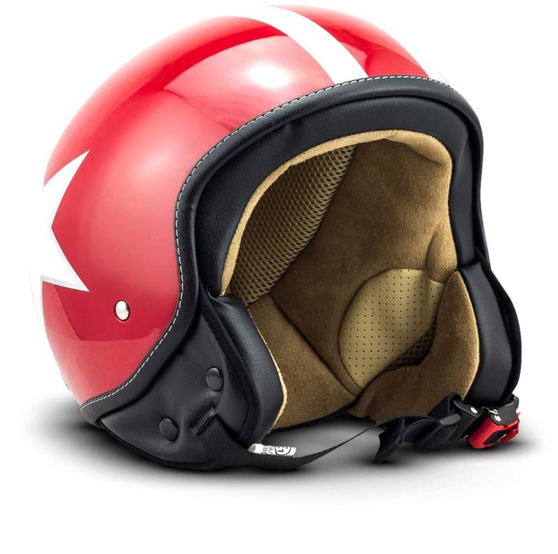 Soxon® SP-301 Star „Red“ · Jet-Helm · Motorrad-Helm Roller-Helm Scooter-Helm Moped Mofa-Helm Chopper Retro Vespa Vintage Pilot Biker Helmet Brille · ECE 22.05 Schnellverschluss Tasche M (57-58cm) von SOXON
