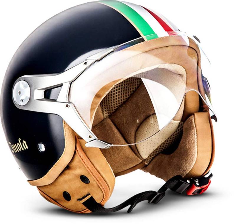 SOXON® SP-325 „Imola Black“ · Jet-Helm · Motorrad-Helm Roller-Helm Scooter-Helm Moped Mofa-Helm Chopper Retro Vespa Vintage Pilot Biker Helmet · ECE 22.05 Visier Schnellverschluss Tasche XS (53-54cm) von SOXON
