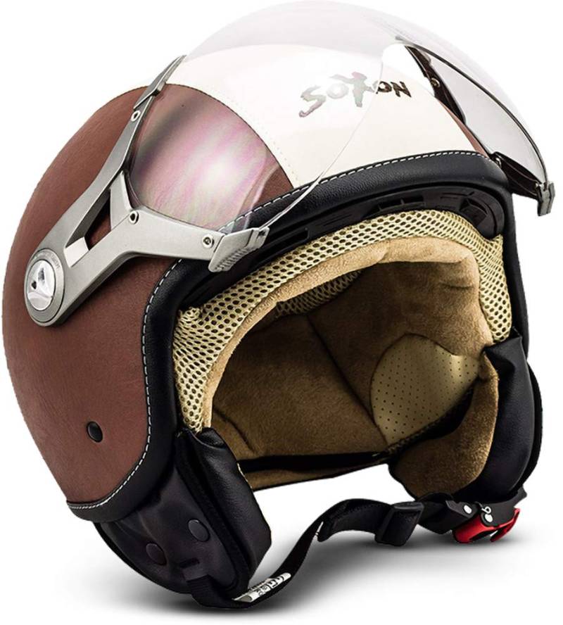 Soxon® SP-325 „Vintage“ · Jet-Helm · Motorrad-Helm Roller-Helm Scooter-Helm Moped Mofa-Helm Chopper Retro Vespa Vintage Pilot Biker Helmet · ECE 22.05 Visier Schnellverschluss Tasche XL (61-62cm) von SOXON